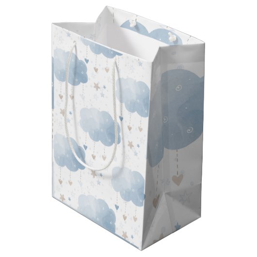 Schattige Elegant Blauw Ivoor Wolken Sterren Jonge Medium Cadeauzakje (Achterkant Gekanteld)