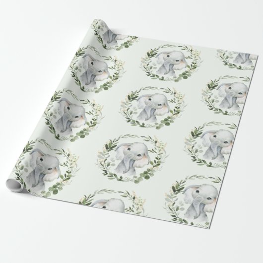 Schattige & Elegant Groen Goud Bladeren Baby Olifa Cadeaupapier (Uitgerold)