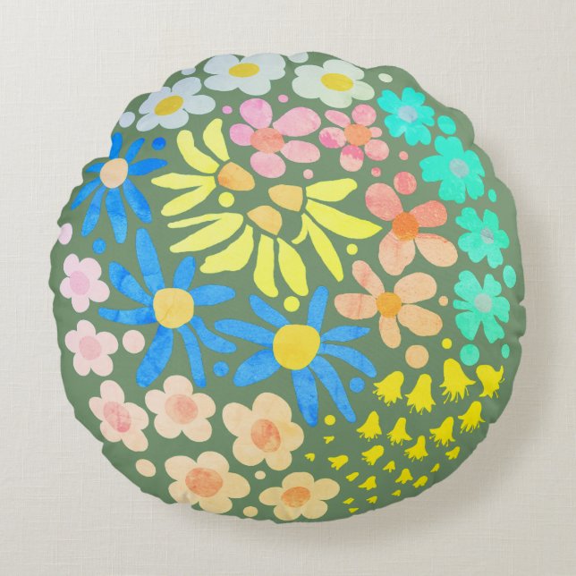 Schattige Elegant Modern Retro Flowers Sage Rond Kussen (Voorkant)