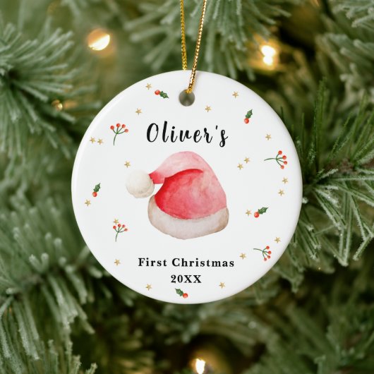 Schattige Elegant Santa Hat Baby's Eerste Kerstmis Keramisch Ornament (Boom)
