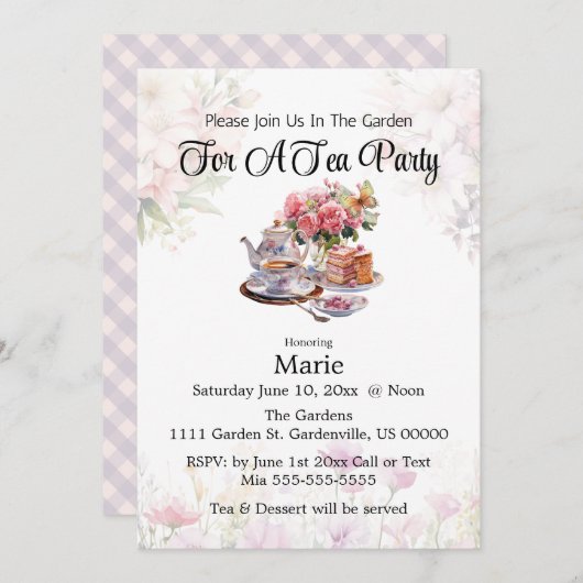 Schattige Elegant Tea Party/Aangepaste feestuitnod Kaart (Voorkant / Achterkant)