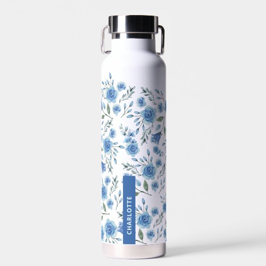 Schattige Elegant Waterverf Blauw Bloempatroon Waterfles (Voorkant)