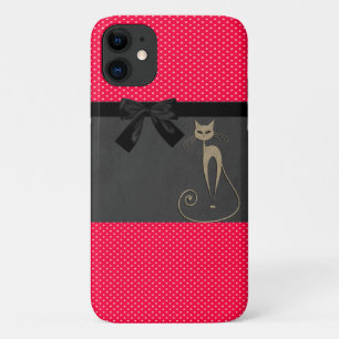 Schattige Elegante Rode Stippen Zwarte Strik Kat Case-Mate iPhone Case