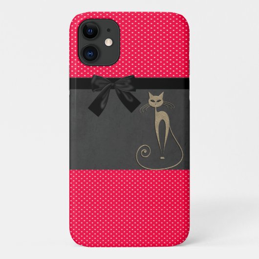 Schattige Elegante Rode Stippen Zwarte Strik Kat Case-Mate iPhone Case (Achterkant)
