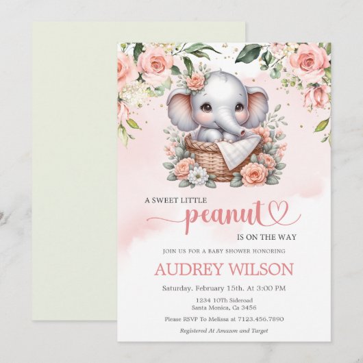 Schattige Elephant Baby Girl Baby shower Kaart (Voorkant / Achterkant)