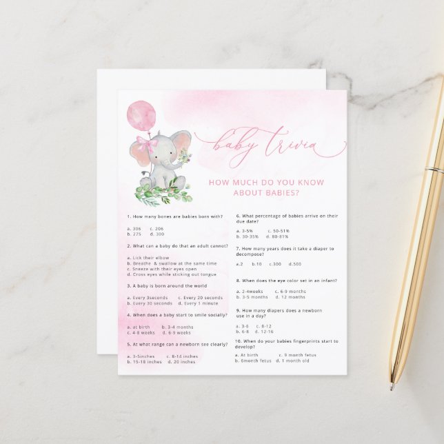 Schattige Elephant Baby shower Baby Trivia Game (Voorkant / Achterkant in situ)