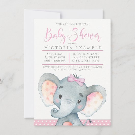 Schattige Elephant Baby Shower Invitations meisjes Kaart (Voorkant)