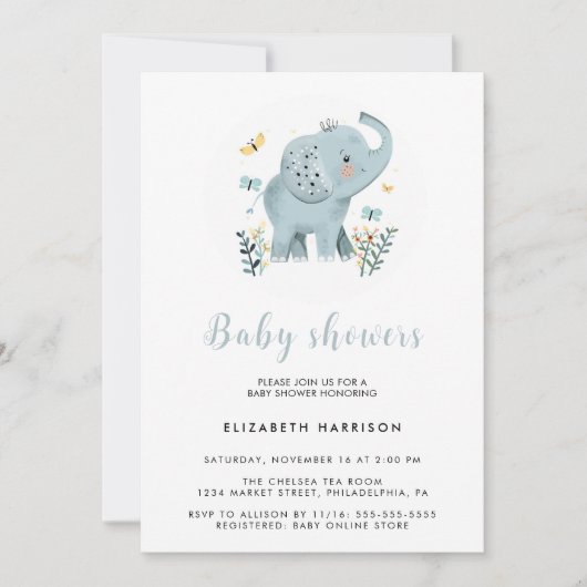 Schattige Elephant Blue Baby Boy Shower Kaart (Voorkant)
