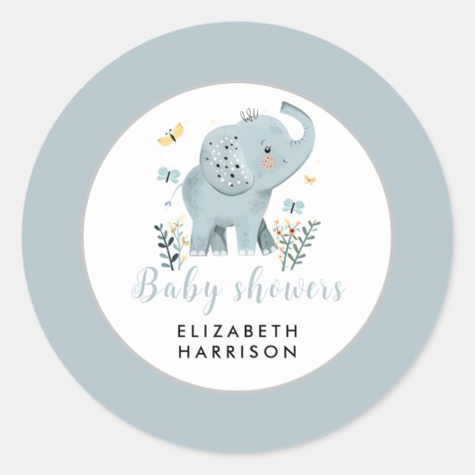 Schattige Elephant Blue Baby Boy Shower Ronde Sticker (Voorkant)