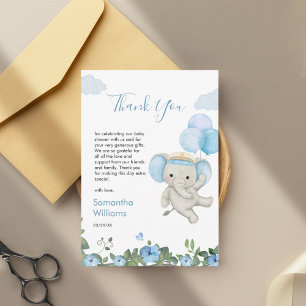 Schattige Elephant Blue Balloon Floral Baby shower Bedankkaart