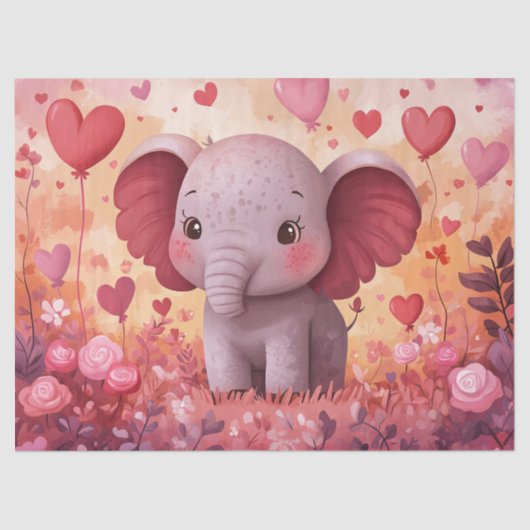 Schattige Elephant Calf Hearts & Flowers Decoupage Tissuepapier (Voorkant)