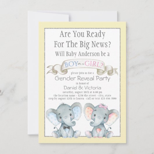 Schattige Elephant Gender Reveal Baby shower Invit Kaart (Voorkant)