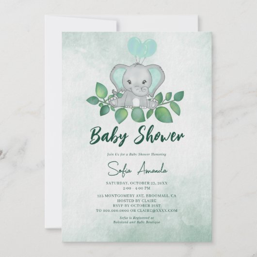 Schattige Elephant Greenery Waterverf Baby shower Kaart (Voorkant)