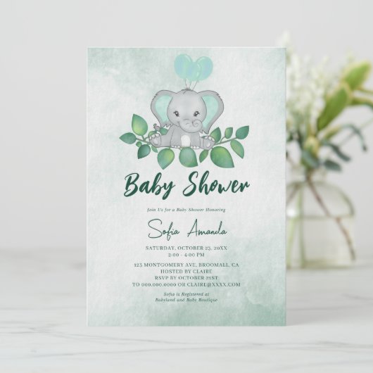 Schattige Elephant Greenery Waterverf Baby shower Kaart (Staand voorkant)