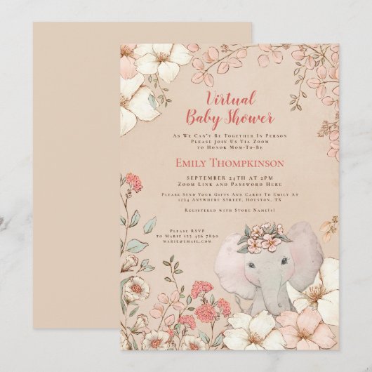 Schattige Elephant Peach Virtual Baby shower Kaart (Voorkant / Achterkant)