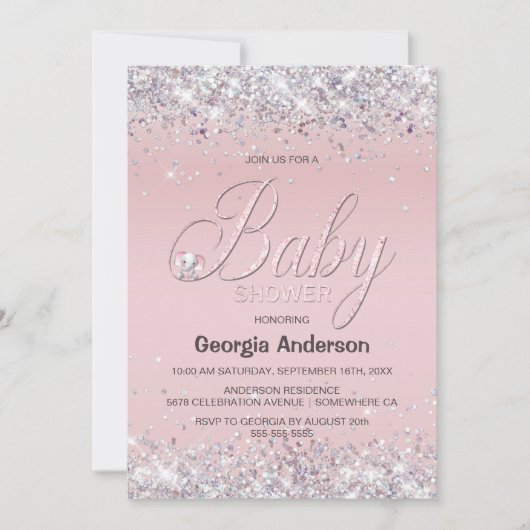 Schattige Elephant Pink Glitter Baby shower Kaart (Voorkant)