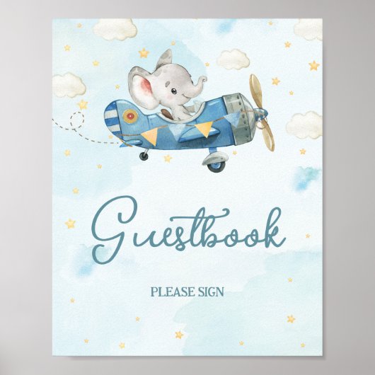 Schattige Elephant Plane Adventure Blue Gastenboek Poster (Voorkant)