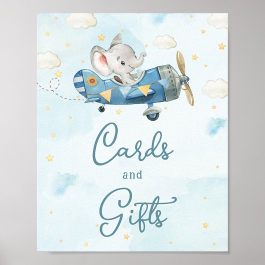 Schattige Elephant Plane Adventure Blue Kaarten en Poster (Voorkant)