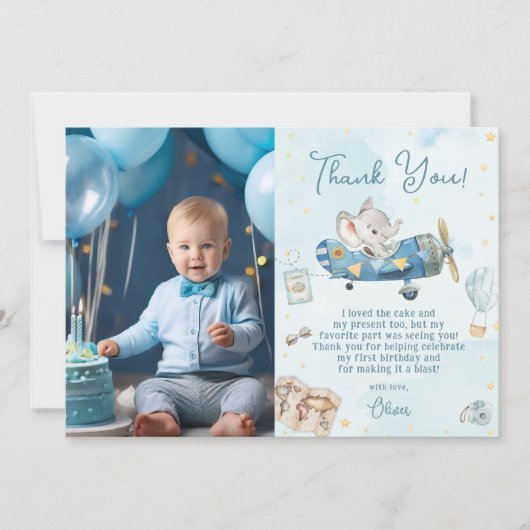 Schattige Elephant Plane Adventure Verjaardagsfoto Bedankkaart (Voorkant)
