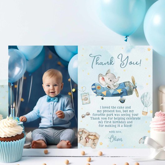 Schattige Elephant Plane Adventure Verjaardagsfoto Bedankkaart