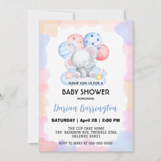 Schattige Elephant Star Balloon baby shower Party  Kaart (Voorkant)