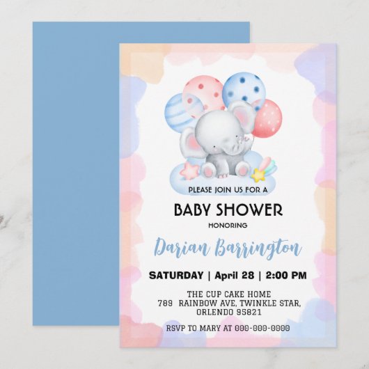 Schattige Elephant Star Balloon baby shower Party Kaart (Voorkant / Achterkant)