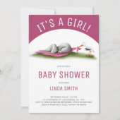 Schattige Elephant Stork Girl Baby shower Kaart (Voorkant)
