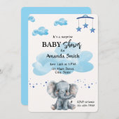 Schattige Elephant Surprise Baby shower Blue Invit Kaart (Voorkant / Achterkant)