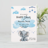 Schattige Elephant Surprise Baby shower Blue Invit Kaart (Staand voorkant)