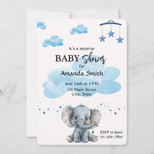 Schattige Elephant Surprise Baby shower Blue Invit Kaart (Voorkant)
