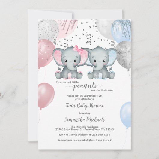 Schattige Elephant Twin Balloon Baby shower Kaart (Voorkant)