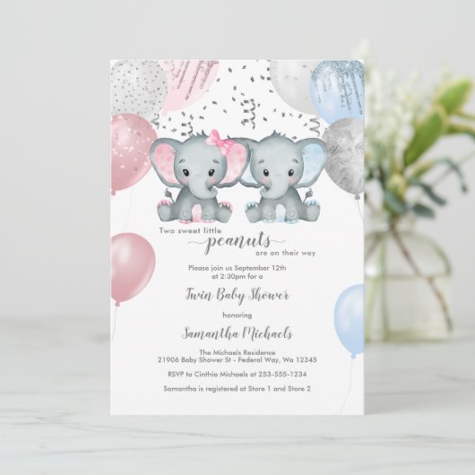 Schattige Elephant Twin Balloon Baby shower Kaart (Staand voorkant)