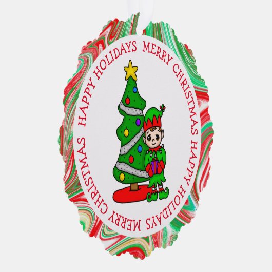 Schattige Elf en Kerstboom Gepersonaliseerd Gift L Ornament Kaart (Rechts)