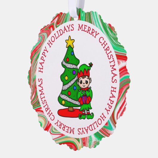 Schattige Elf en Kerstboom Gepersonaliseerd Gift L Ornament Kaart (Links)