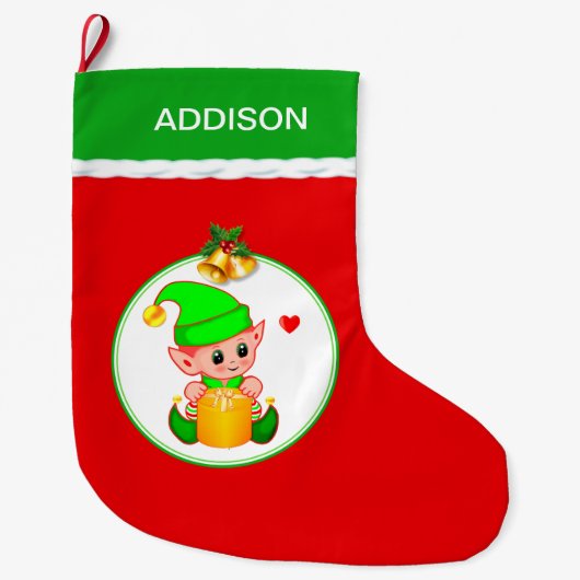 Schattige Elf & Kerstbellen op Rood Grote Kerstsok (Voorkant)