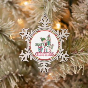 Schattige Elf met Cadeaus Baby's Eerste Kerstmis Tin Sneeuwvlok Ornament
