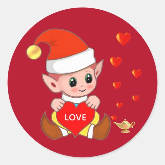 Schattige elf met liefdeshartjes op rood ronde sticker (Voorkant)