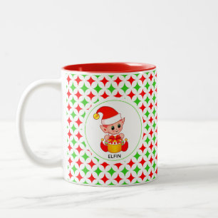 Schattige Elf op Groen & Rood Diamanten Ster Patro Tweekleurige Koffiemok