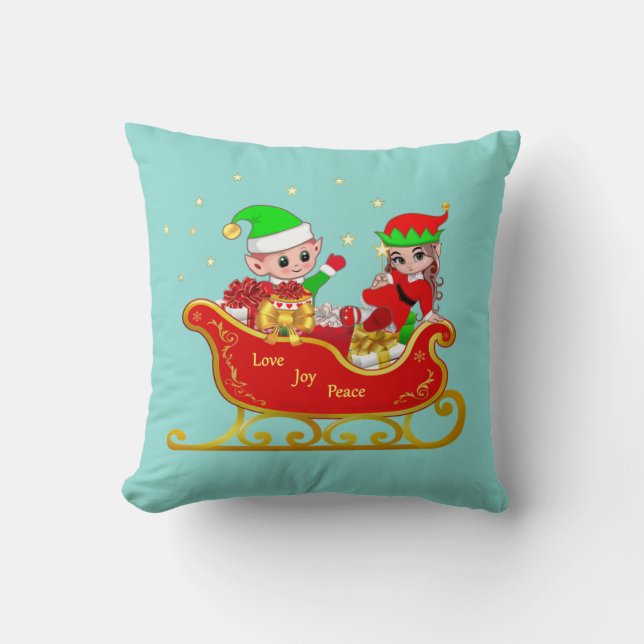 Schattige elf op Kerst slee op turquoise Kussen (Voorkant)