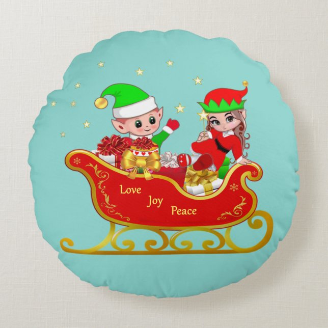 Schattige elf op Kerst slee op turquoise Rond Kussen (Voorkant)
