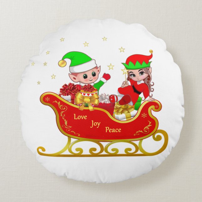 Schattige elf op Kerst slee Rond Kussen (Voorkant)