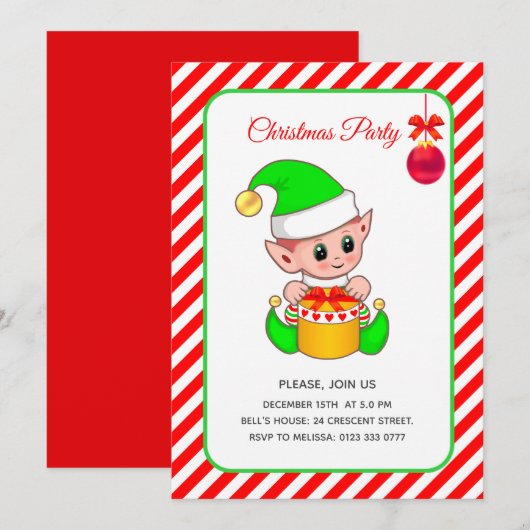 Schattige Elf op Rode en Witte Kerst Kaart (Voorkant / Achterkant)