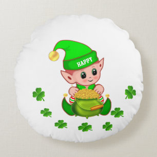 Schattige elf, pot met goud & geluks shamrocks op rond kussen