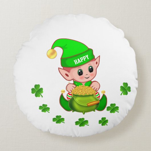 Schattige elf, pot met goud & geluks shamrocks op rond kussen (Voorkant)