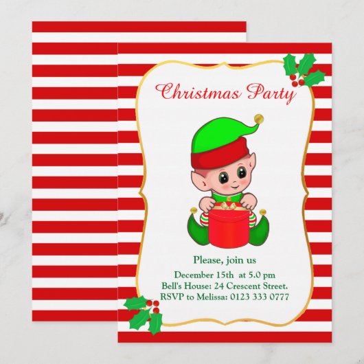Schattige Elf & Rood Witte Kerstfeest Uitnodiging (Voorkant / Achterkant)