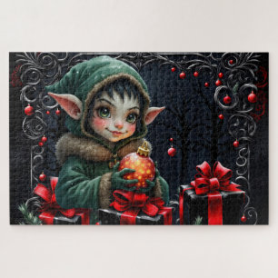 Schattige Elfkind in groene jas met capuchon Legpuzzel