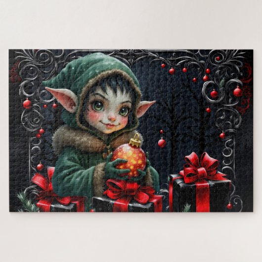 Schattige Elfkind in groene jas met capuchon Legpuzzel (Horizontaal)