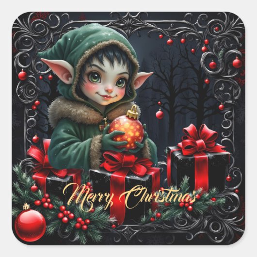 Schattige Elfkind in groene jas met capuchon Vierkante Sticker (Voorkant)