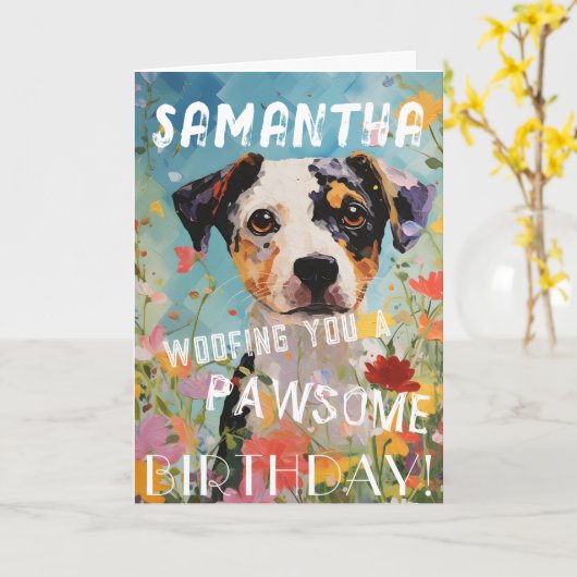 Schattige en Aardige Hond Gelukkige Verjaardag Kaart (Gele Bloem)