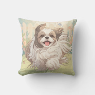 Schattige en blije Shih Tzu Puppy Rent in een Tuin Kussen
